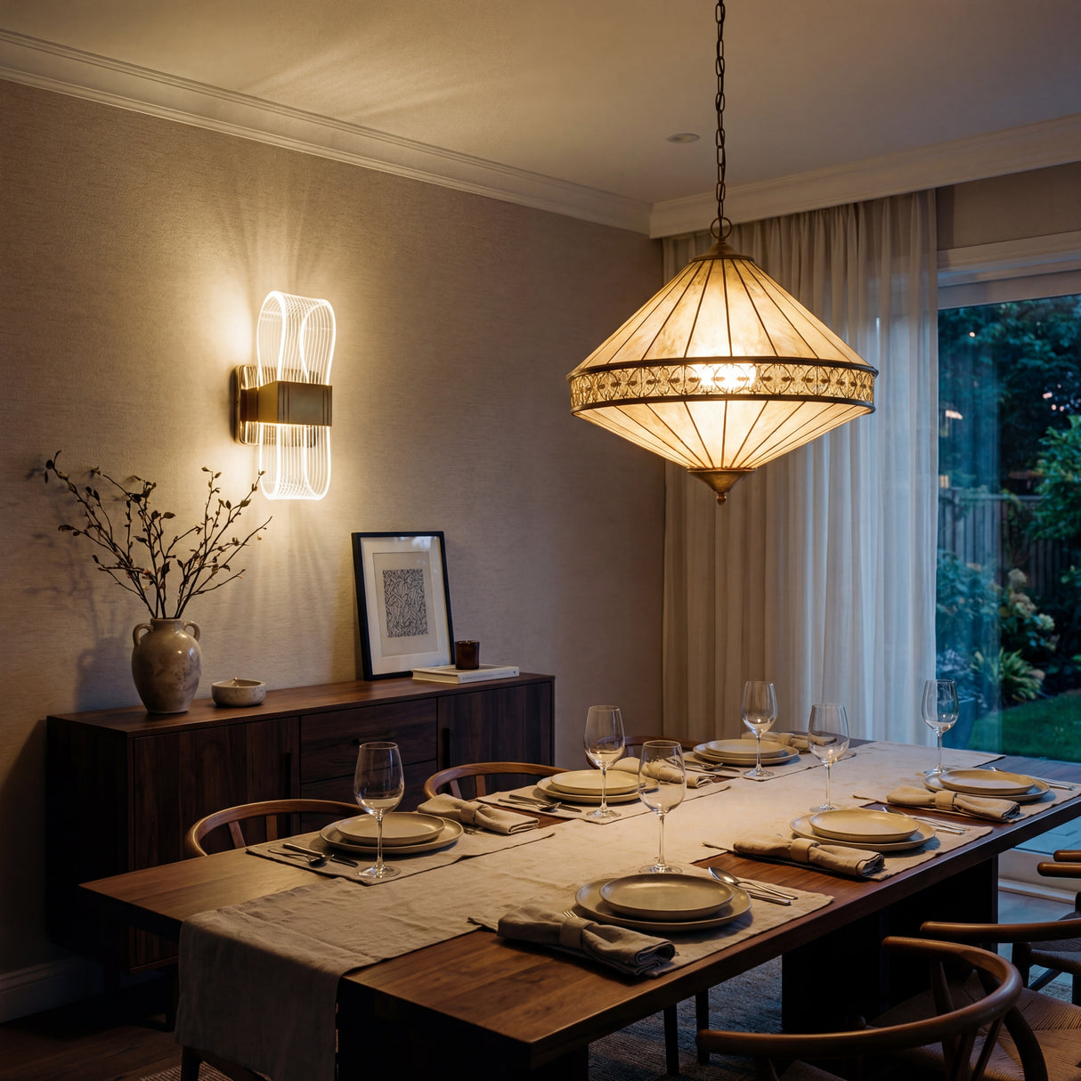 Comedor moderno con iluminacion de acento dorada modelo Flow Gold en pared lateral.