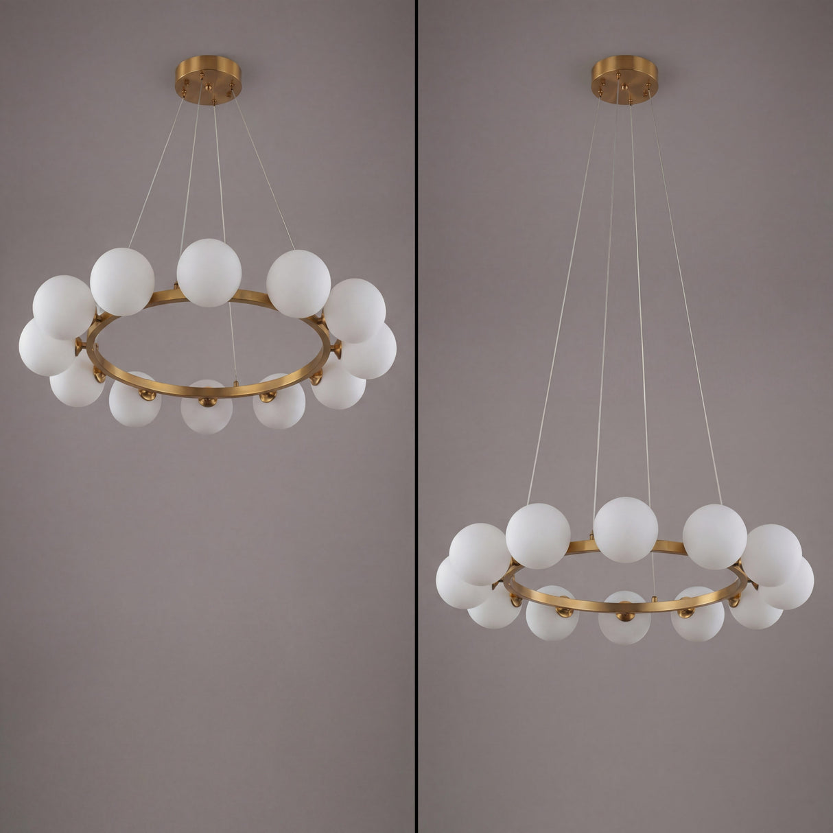 Composicion que muestra la lampara Collier Gold suspendida a diferentes niveles para adaptarse al espacio.