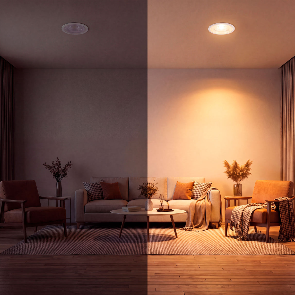 Contraste de ambientes que demuestra la calidez y dispersión del haz luminoso en la sala de estar.