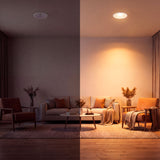 Contraste de ambientes que demuestra la calidez y dispersión del haz luminoso en la sala de estar.