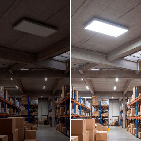 Antes y después de la iluminación en almacén con paneles LED de luz blanca 6500K.