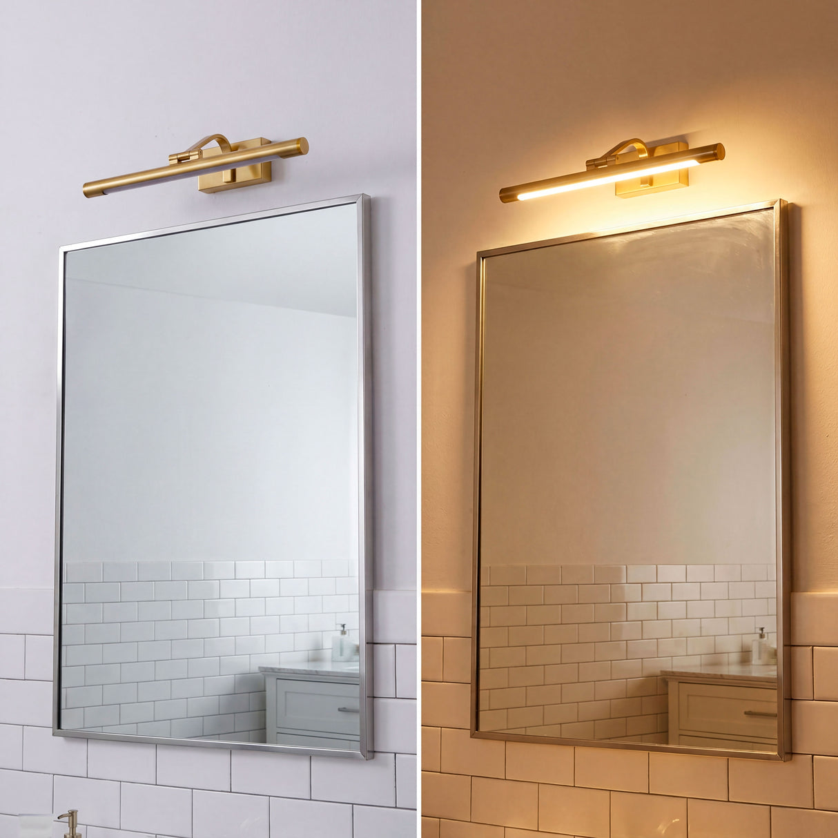 Efecto de luz cálida vs luz neutra en espejo de baño usando la tecnología Tricolor.