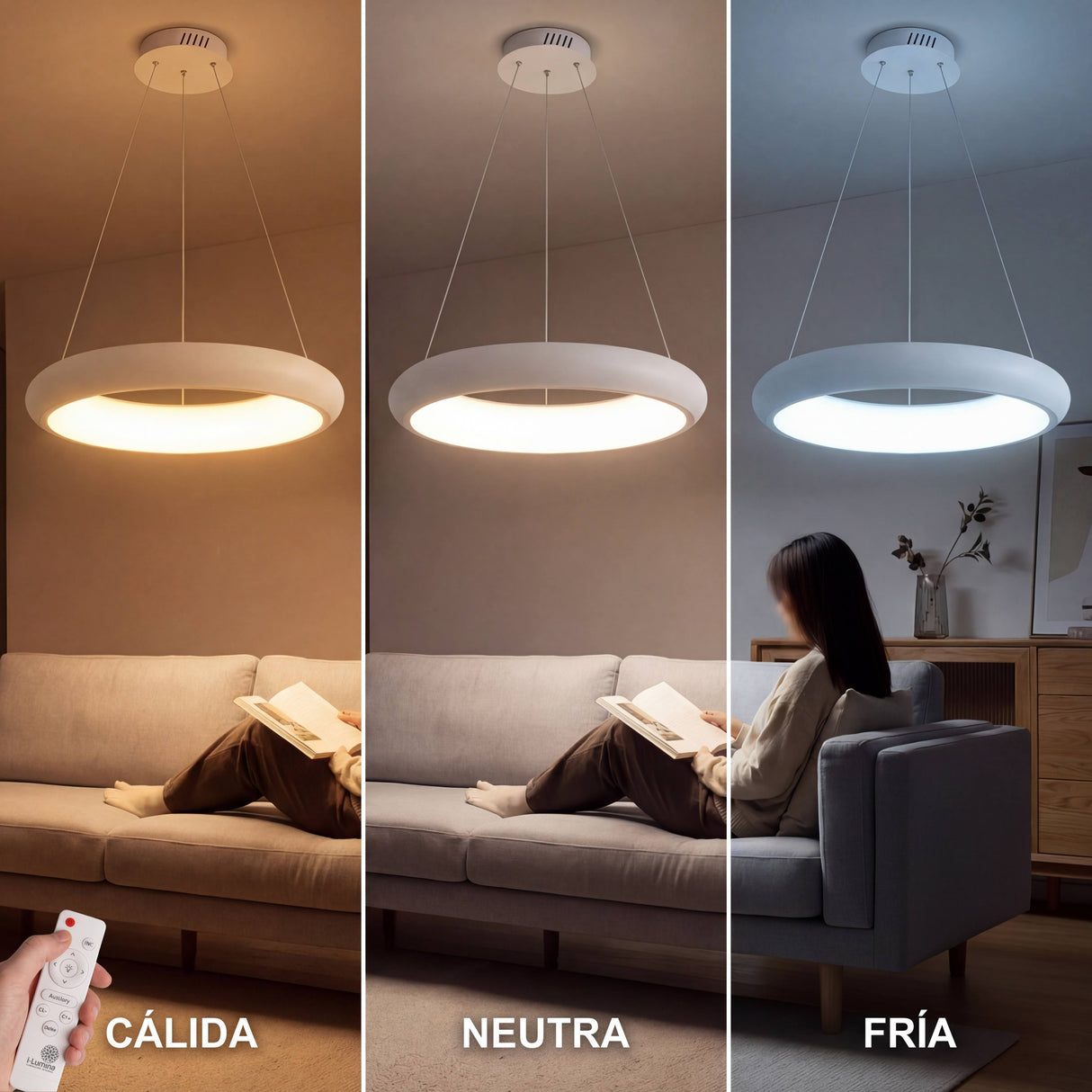 Infografía de tres ambientes mostrando tonos de luz cálida, neutra y fría en salón contemporáneo.