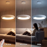 Infografía de tres ambientes mostrando tonos de luz cálida, neutra y fría en salón contemporáneo.