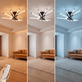 Variaciones de luz cálida a fría controladas mediante sistema de control remoto.