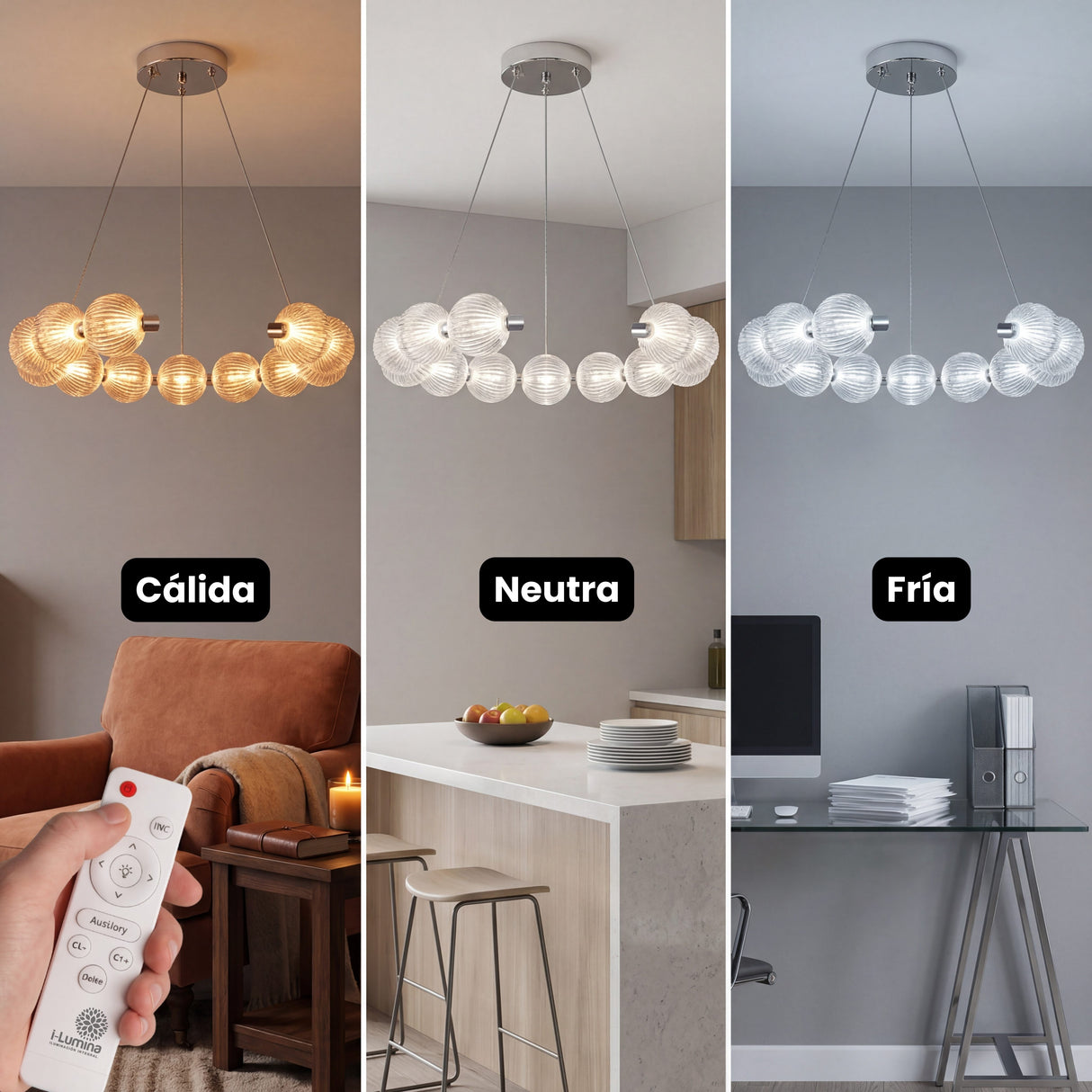 Tres ambientes comparativos con los tonos de luz calida, neutra y fria de la lampara Bangle Crystal.