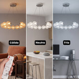 Tres ambientes comparativos con los tonos de luz calida, neutra y fria de la lampara Bangle Crystal.