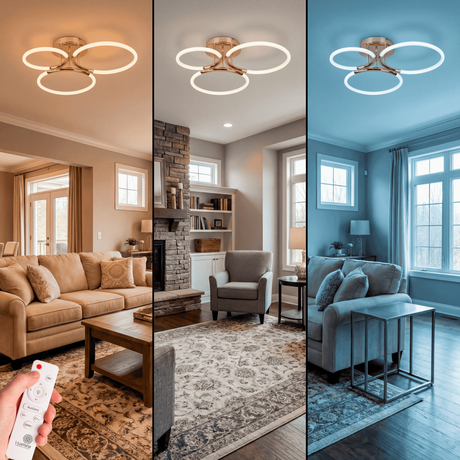 Visualización de tres ambientes: luz fría para trabajo, neutra para lectura y cálida para relax.