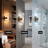 Comparativa de los tres tonos de luz: calida, neutra y fria del aplique Flow Gold.
