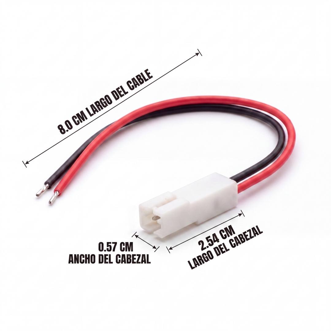 Dimensiones del conector JST XH: cable 8 cm, cabezal 2.54 x 0.57 cm