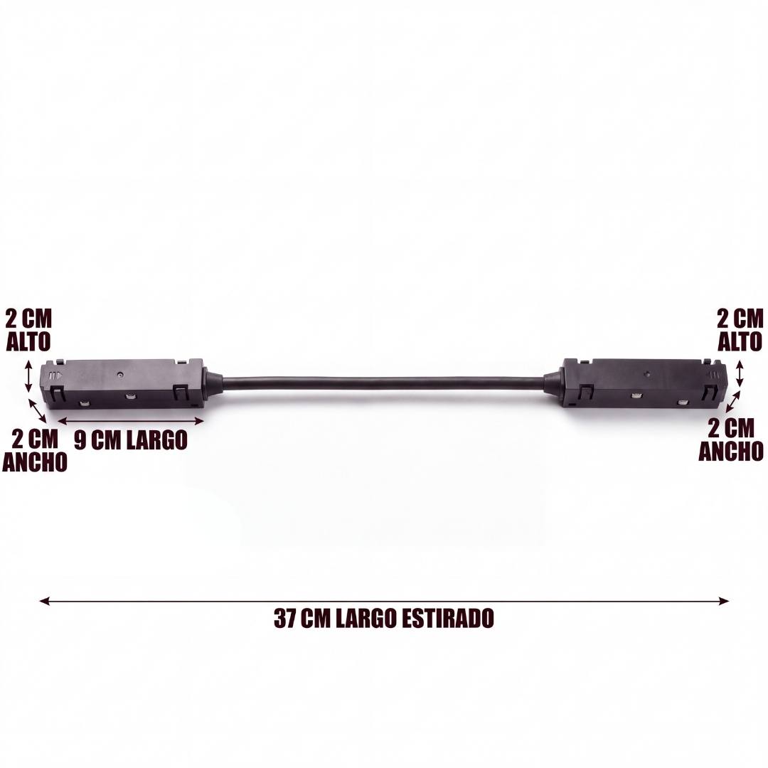 Dimensiones del conector magnético tipo L: 37 cm estirado y cabezales de 9x2x2 cm