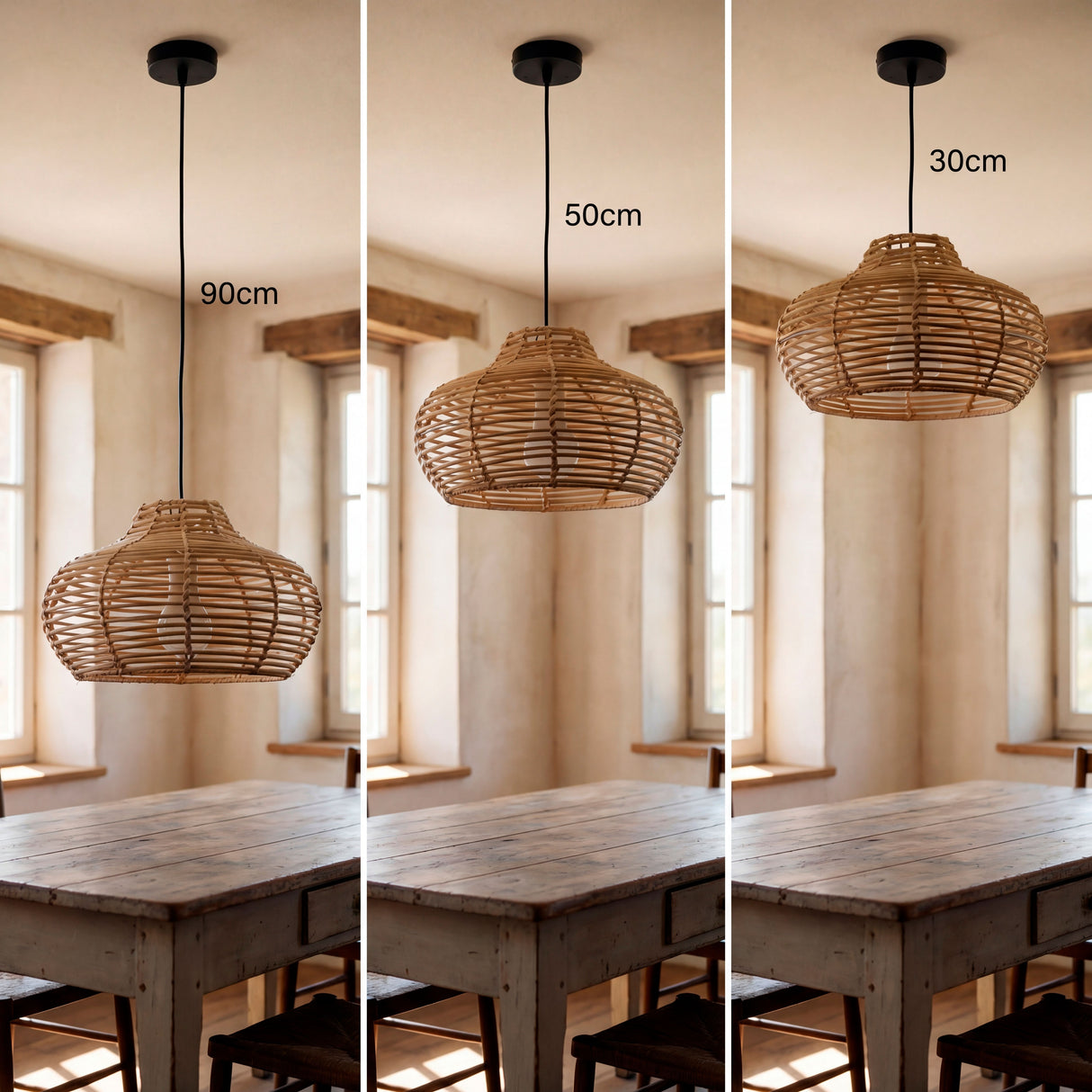 Comparativa de tres longitudes de cable para diseño de iluminación en restaurantes y locales.