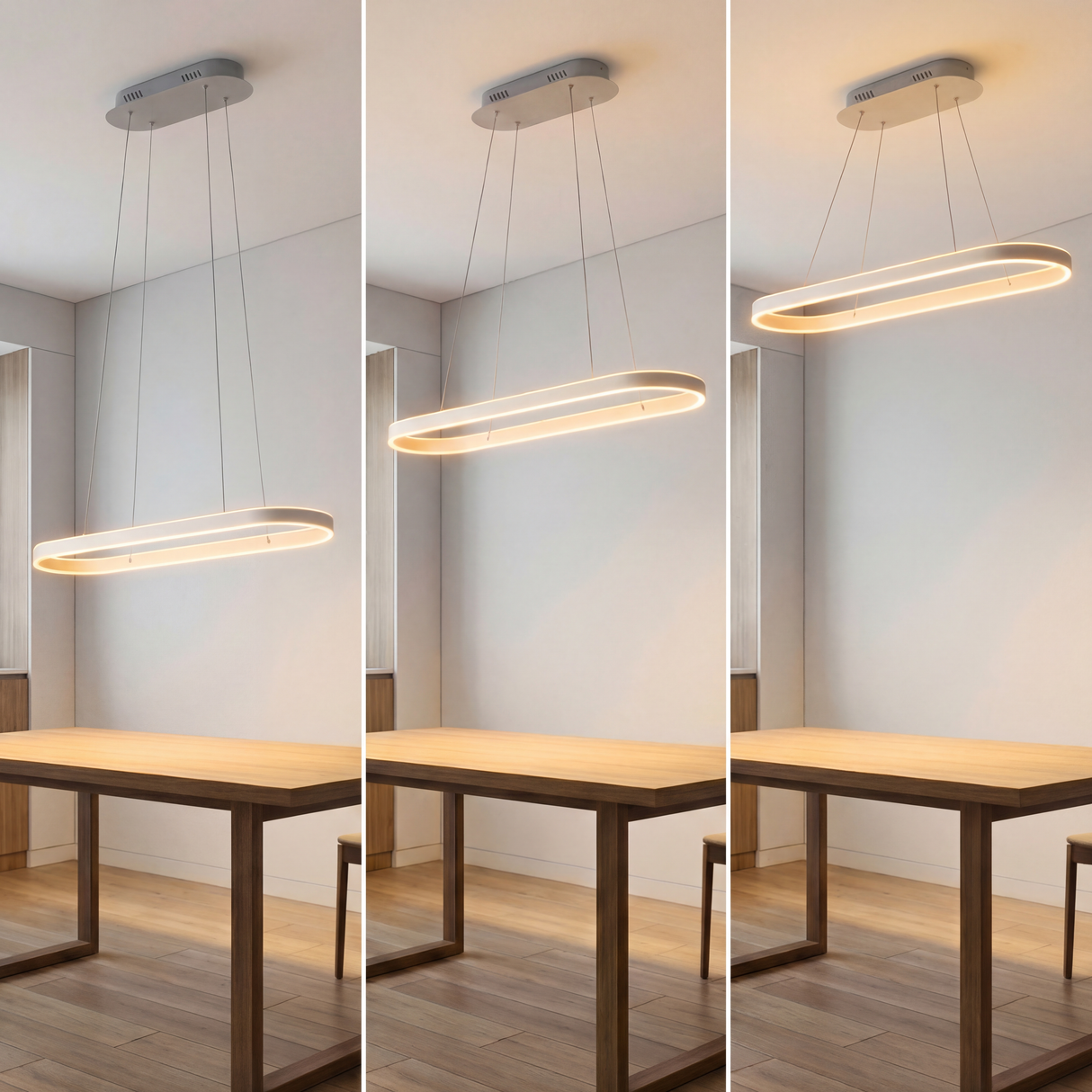 Tres ejemplos de altura ajustable para luminaria LED sobre mesa de comedor.