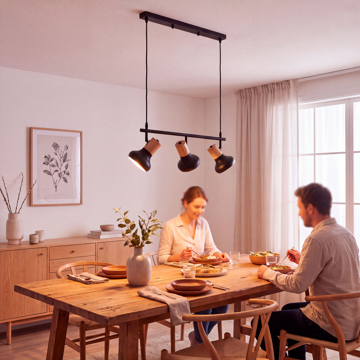 Luz cenital agradable orientada hacia mesa de comedor para crear una atmósfera acogedora de noche.