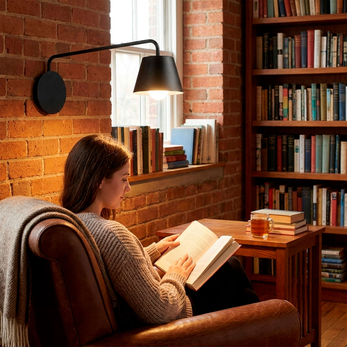 Haz luminoso directo orientable sobre rincón de lectura que promueve la ergonomía visual.
