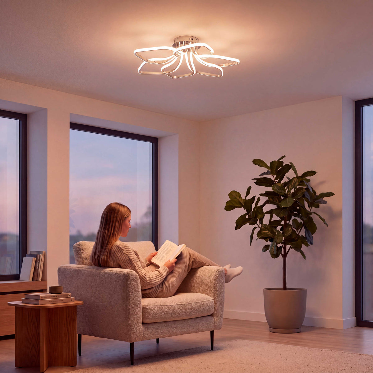 Luminaria de techo de acento que proporciona confort óptico en áreas de relax y descanso.