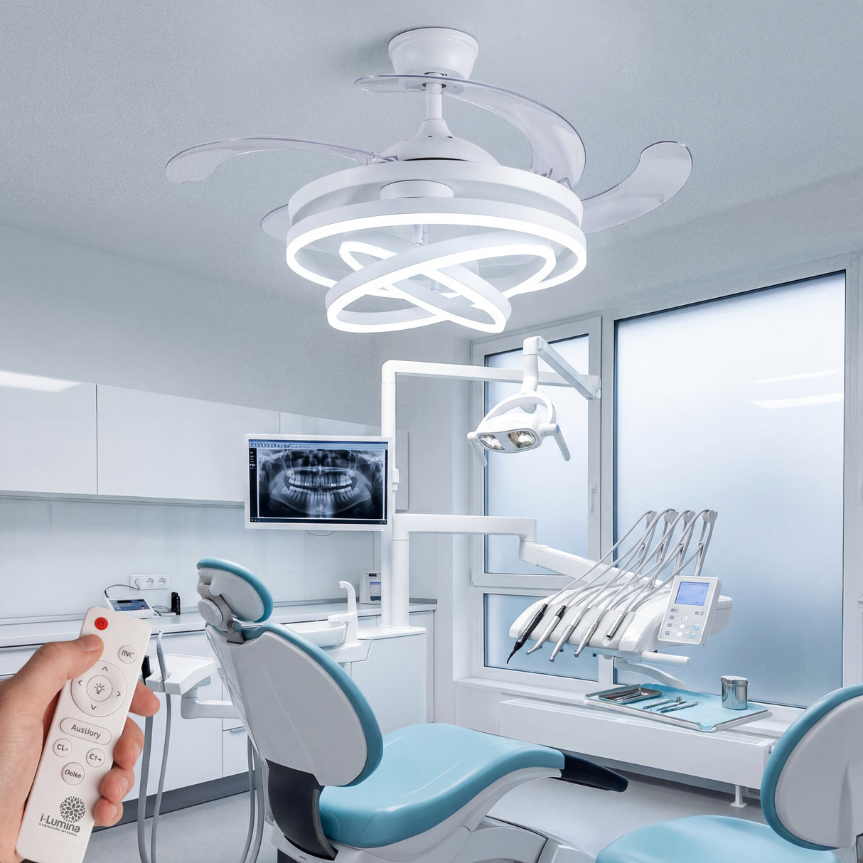 Uso de ventilador ultrasilencioso con motor DC en consultorio médico para máxima higiene.