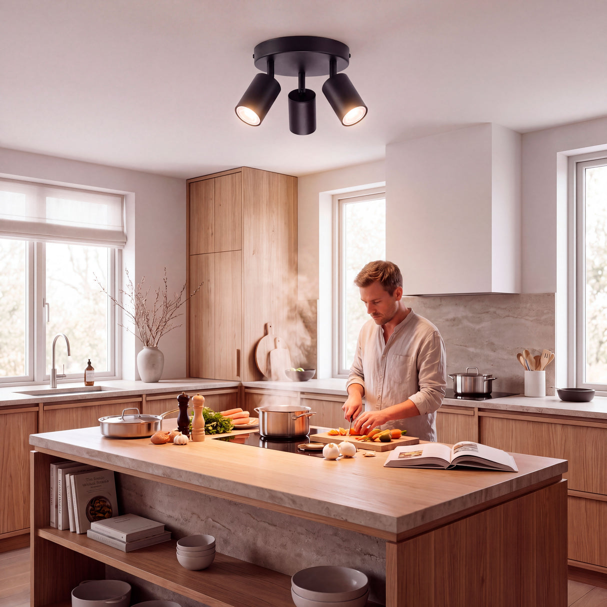Distribución de luz de alta fidelidad que favorece el trabajo visual continuo en la cocina.