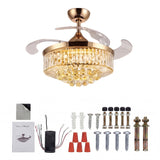 Kit completo de instalación de la Lámpara Ventilador LED Retráctil Crystal Imperio Gold: incluye motor, cristales, control remoto, herrajes y manual de usuario.