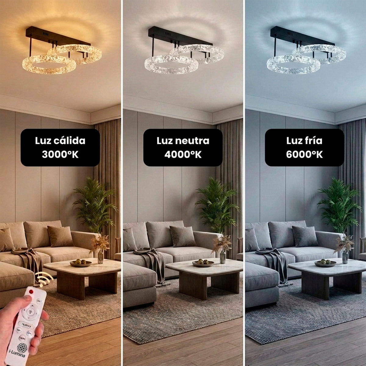 Control dimerizable para gestión de flujo luminoso en zonas sociales de viviendas modernas.