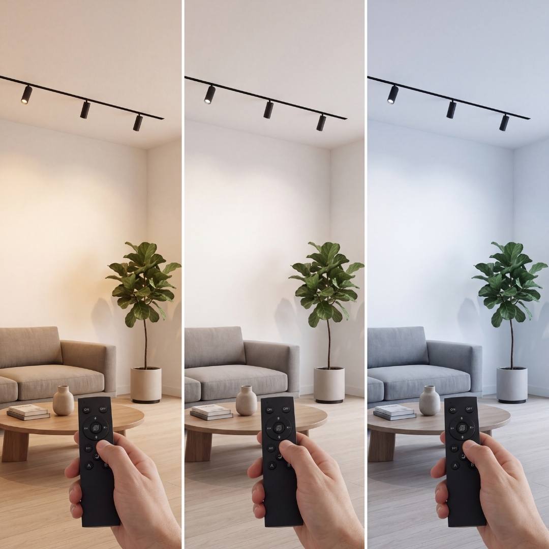 Control remoto cambiando spots magnéticos entre luz cálida, neutra y fría
