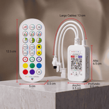 Vista detallada del control remoto infrarrojo para tiras de luces LED, con botones etiquetados para el control de color.