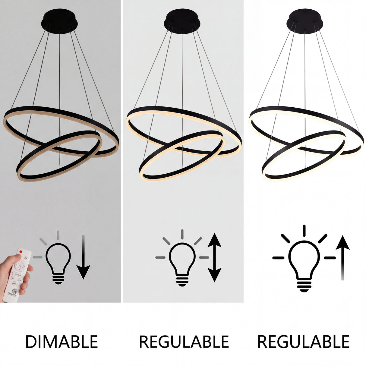 Gráfico que muestra la regulación de intensidad y brillo mediante mando a distancia inalámbrico.