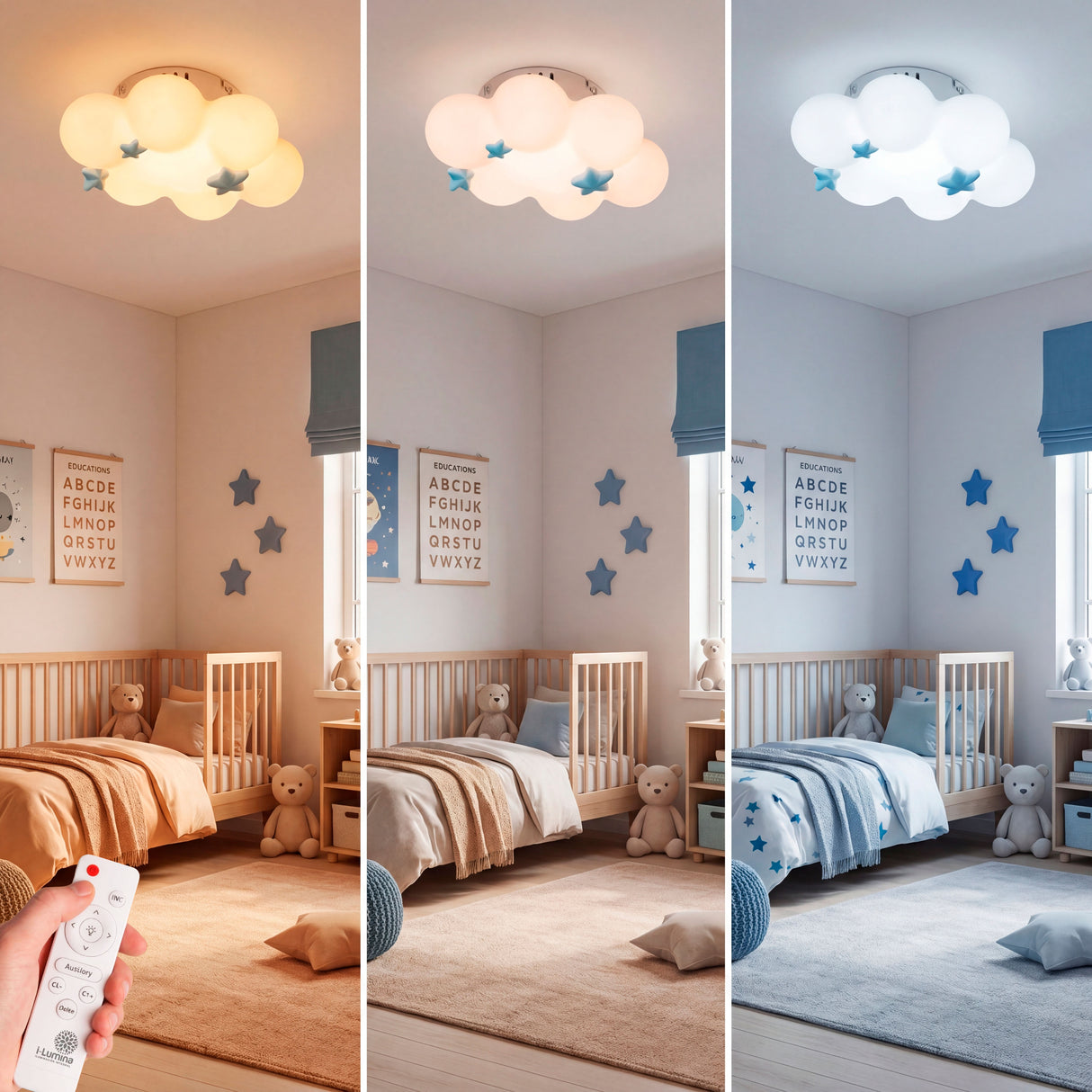 Comparativa de luz cálida, neutra y fría en la lámpara Star Cloud mediante mando.