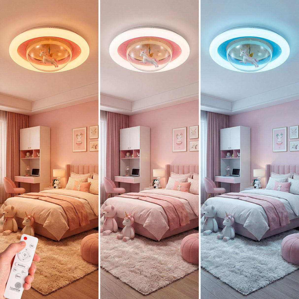Demostración de las tres temperaturas de luz (cálida, neutra, fría) ajustable con mando.