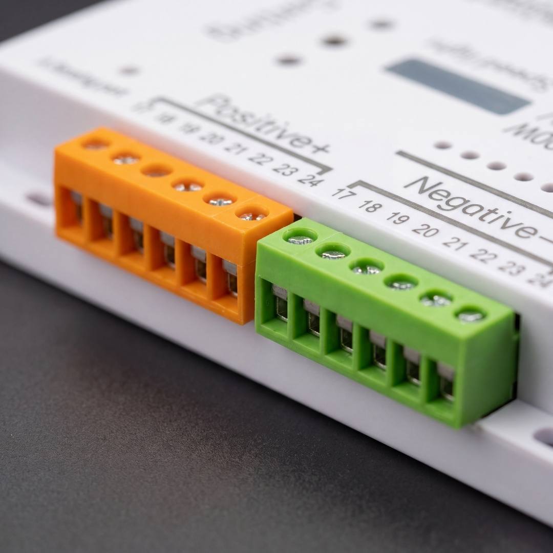 Detalle de los bornes de tornillo numerados por colores del controlador de escaleras