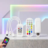 Kit completo de controlador LED inteligente con cables, receptor Bluetooth y control remoto multifuncional.