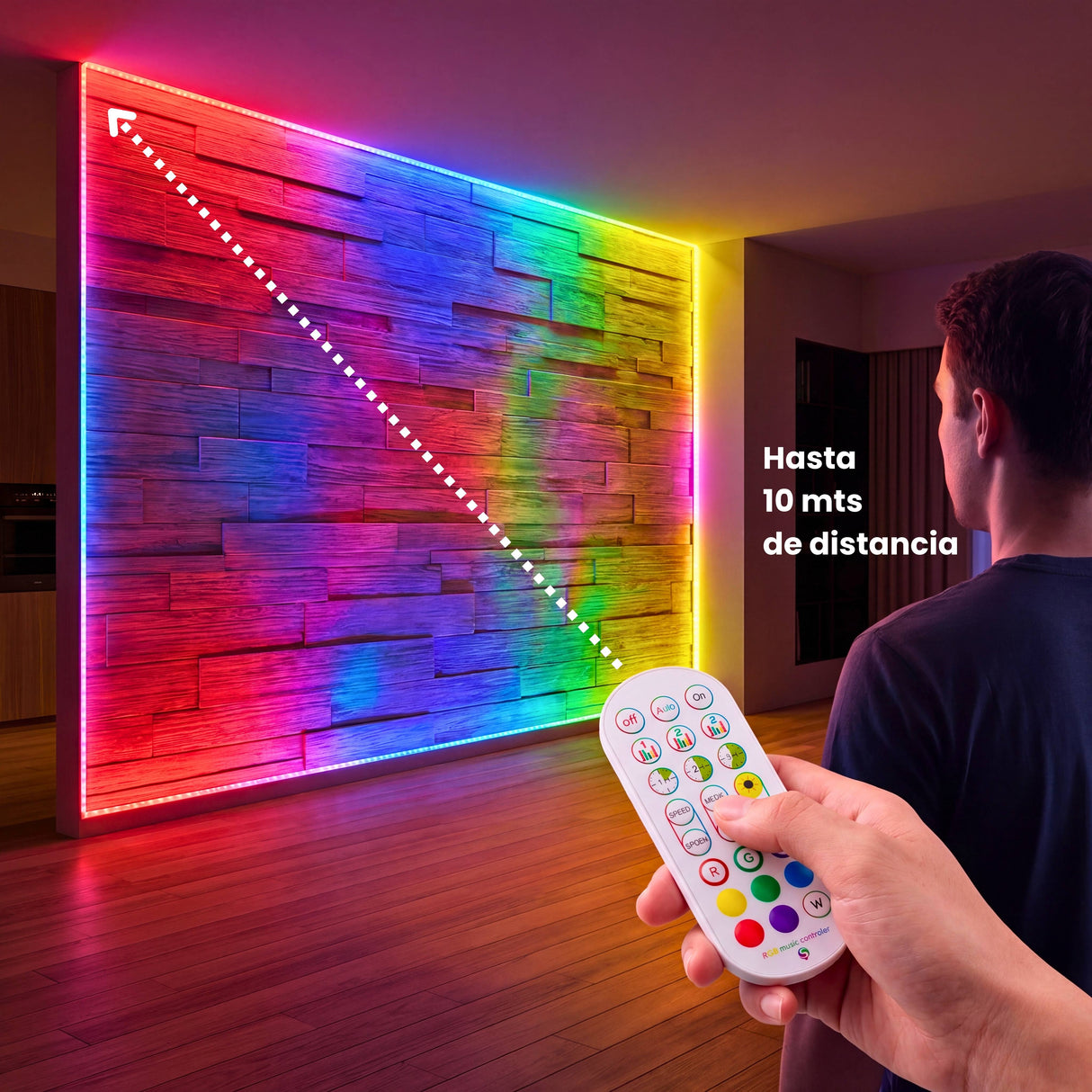 Controlador de tira de luces LED montado en la pared, con botones táctiles para un control manual fácil.