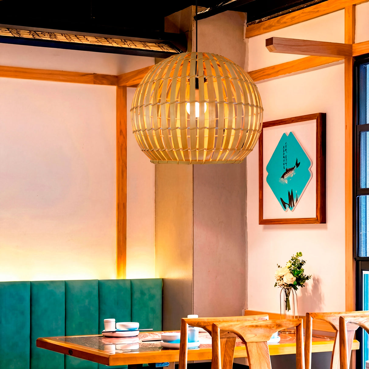 Lámpara colgante de bambú en una mesa de restaurante con detalles verdes y madera.