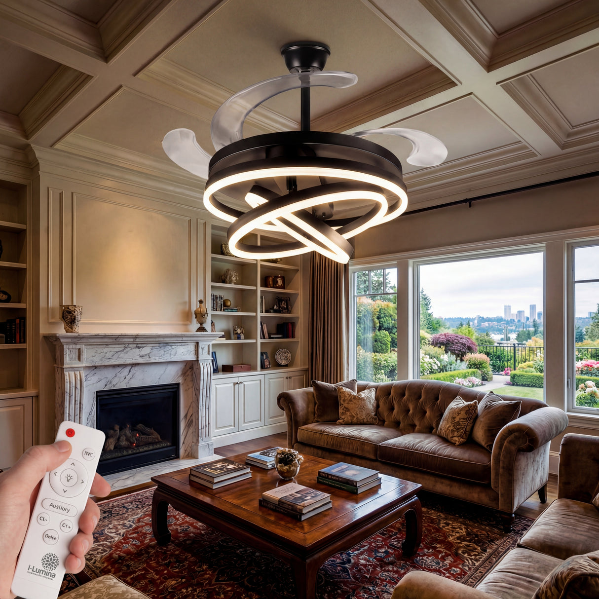 Ambiente de sala de estar clásica-moderna decorada con la lámpara de anillos LED Futura.