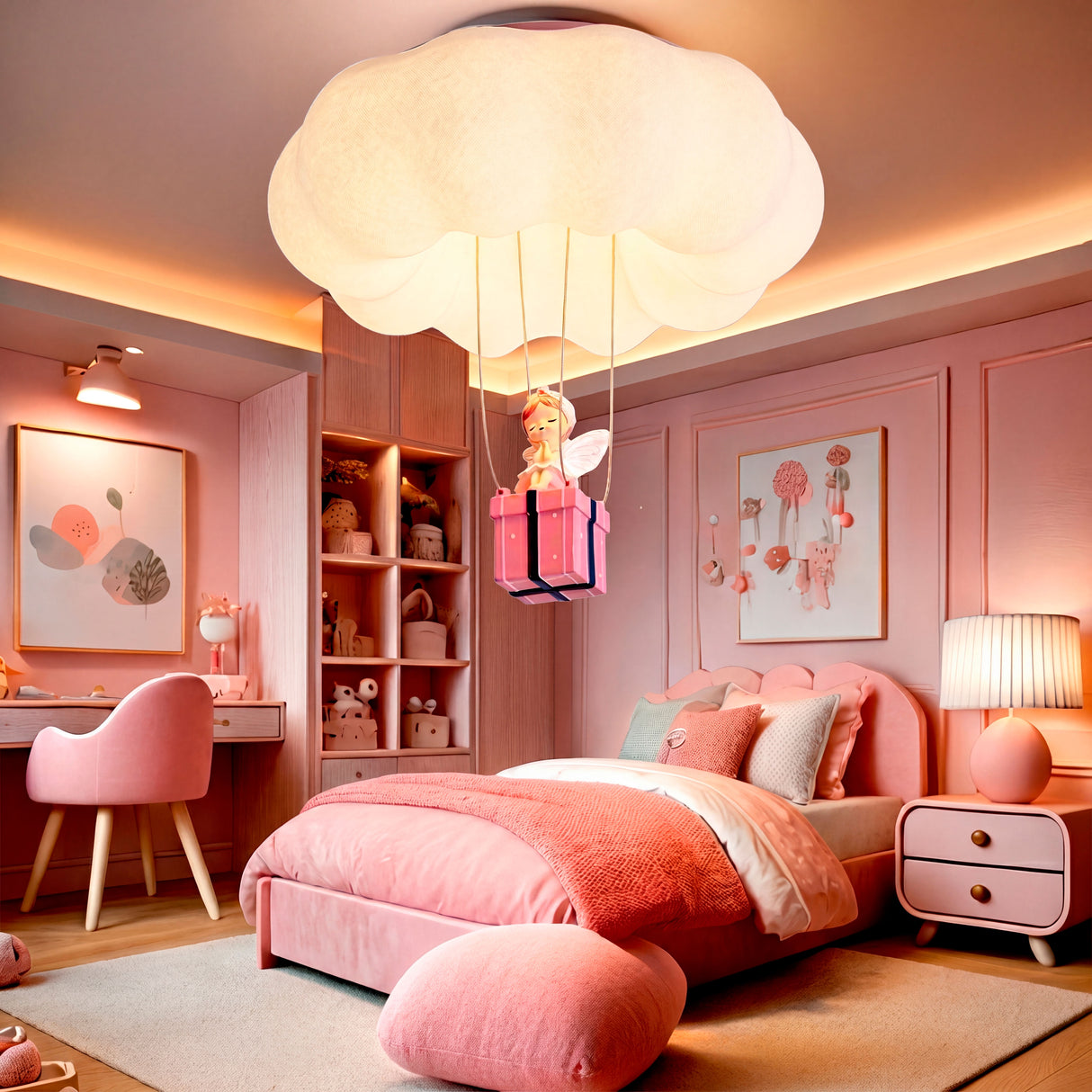 Plafón de nube en dormitorio de niña con muebles blancos y diseño contemporáneo.