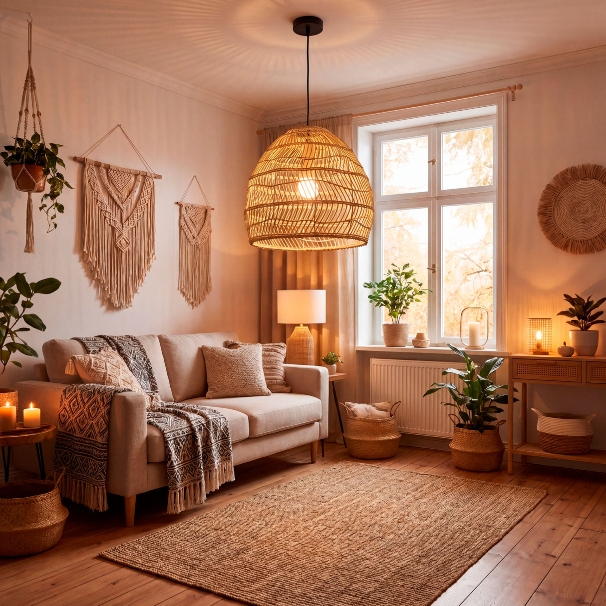 Lámpara de fibras vegetales en salón con luz natural, plantas y textiles de lino.