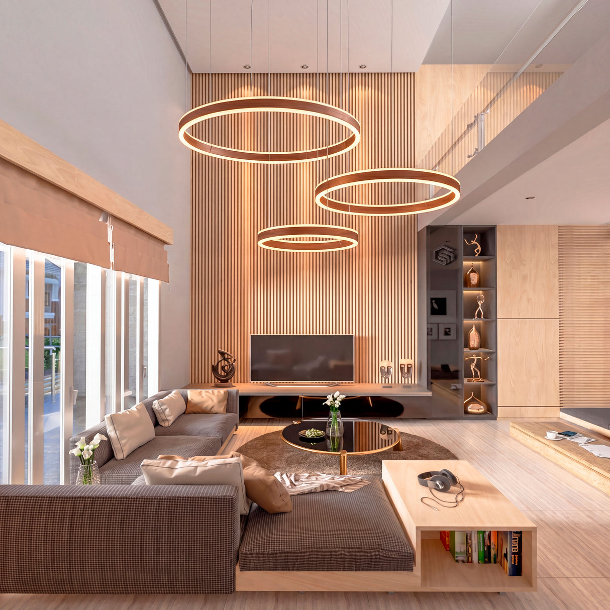 Configuración perimetral de iluminación suspendida que realza las texturas y materiales del mobiliario.
