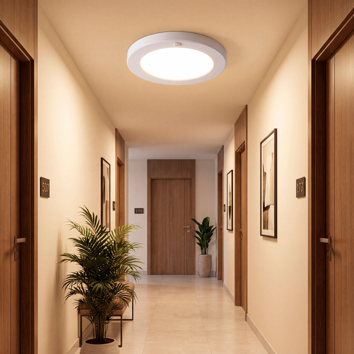 Activación de iluminación cenital en recibidor residencial que realza las texturas y acabados.