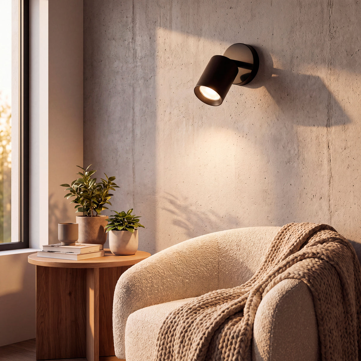 Haz luminoso puntual sobre sillón de lectura en salón de diseño interior sofisticado.