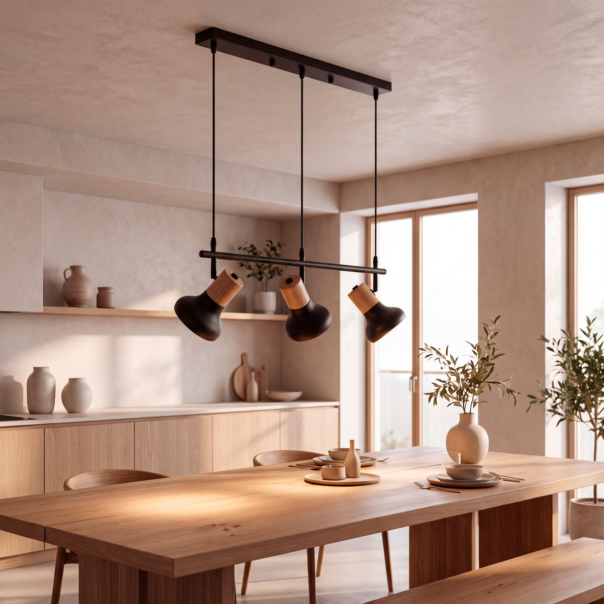 Luminaria colgante en comedor aportando un perfil elegante de estética nórdica y acabados premium.