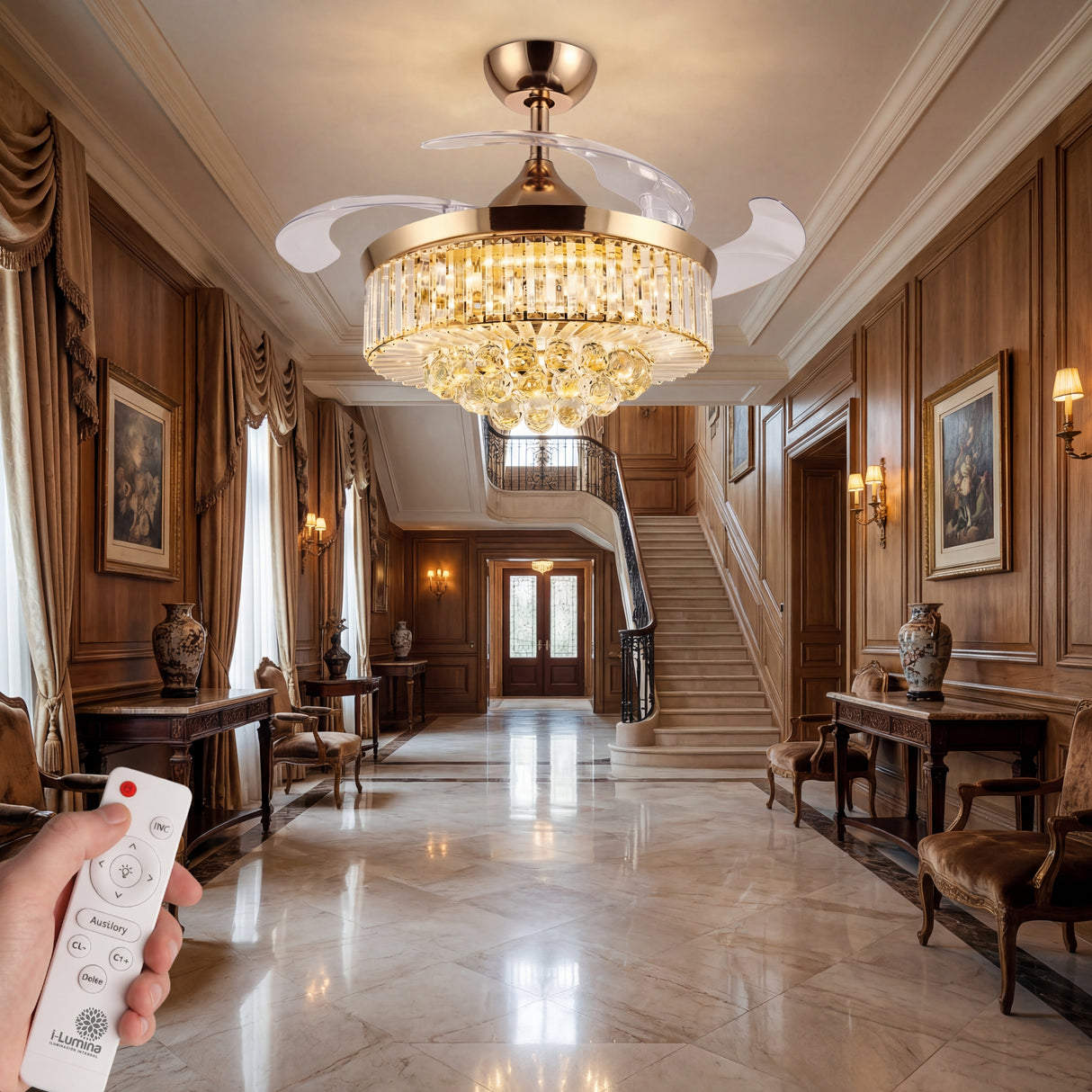 Pasillo largo con suelos de madera decorado con lámpara de techo retráctil.