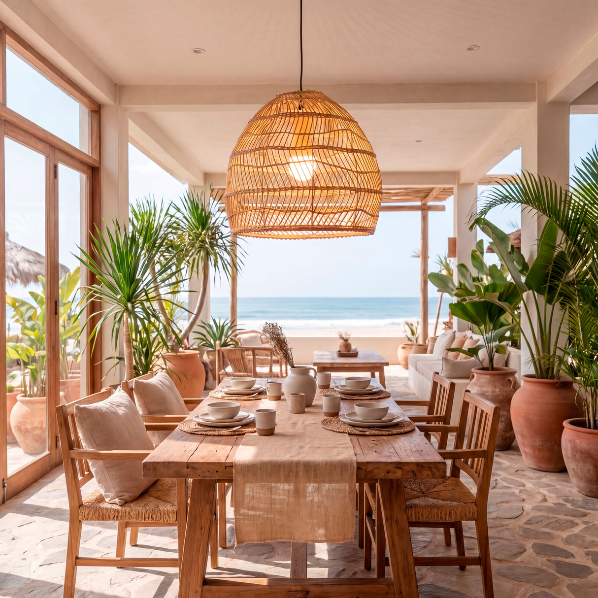 Lámpara de rattan en comedor de playa con luz blanca suave y mesas de madera natural.