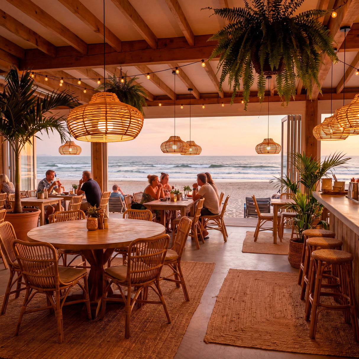 Serie de luminarias colgantes artesanales en comedor de playa con luz natural y madera.