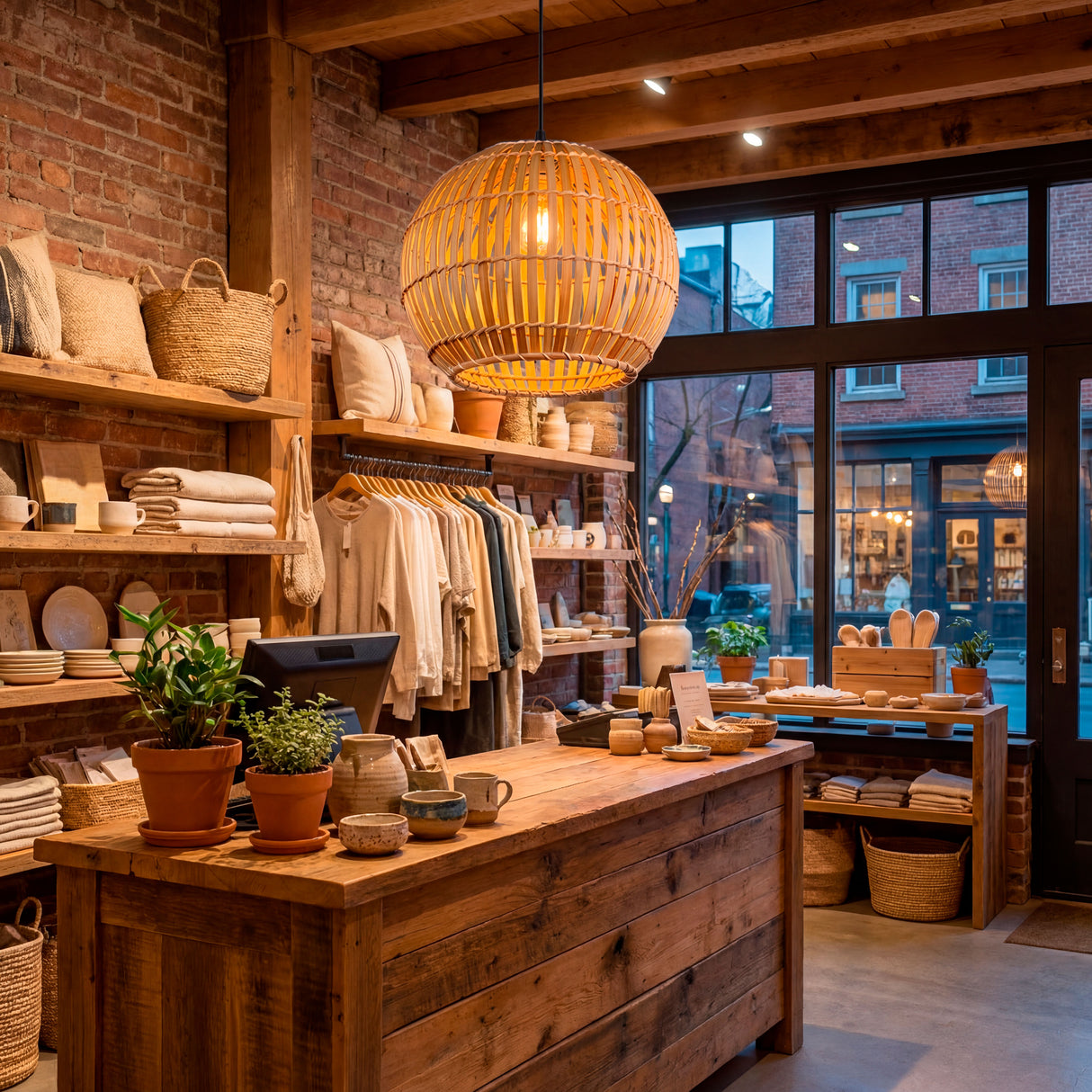 Lámpara Betania en tienda de ropa con mobiliario de madera y diseño artesanal.