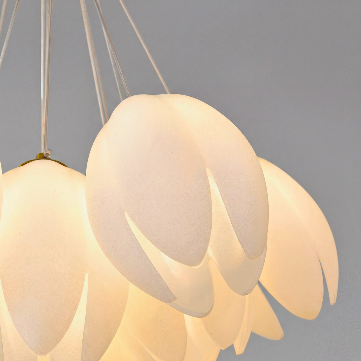 Detalle de tulipa en forma de pétalo de vidrio blanco opaco