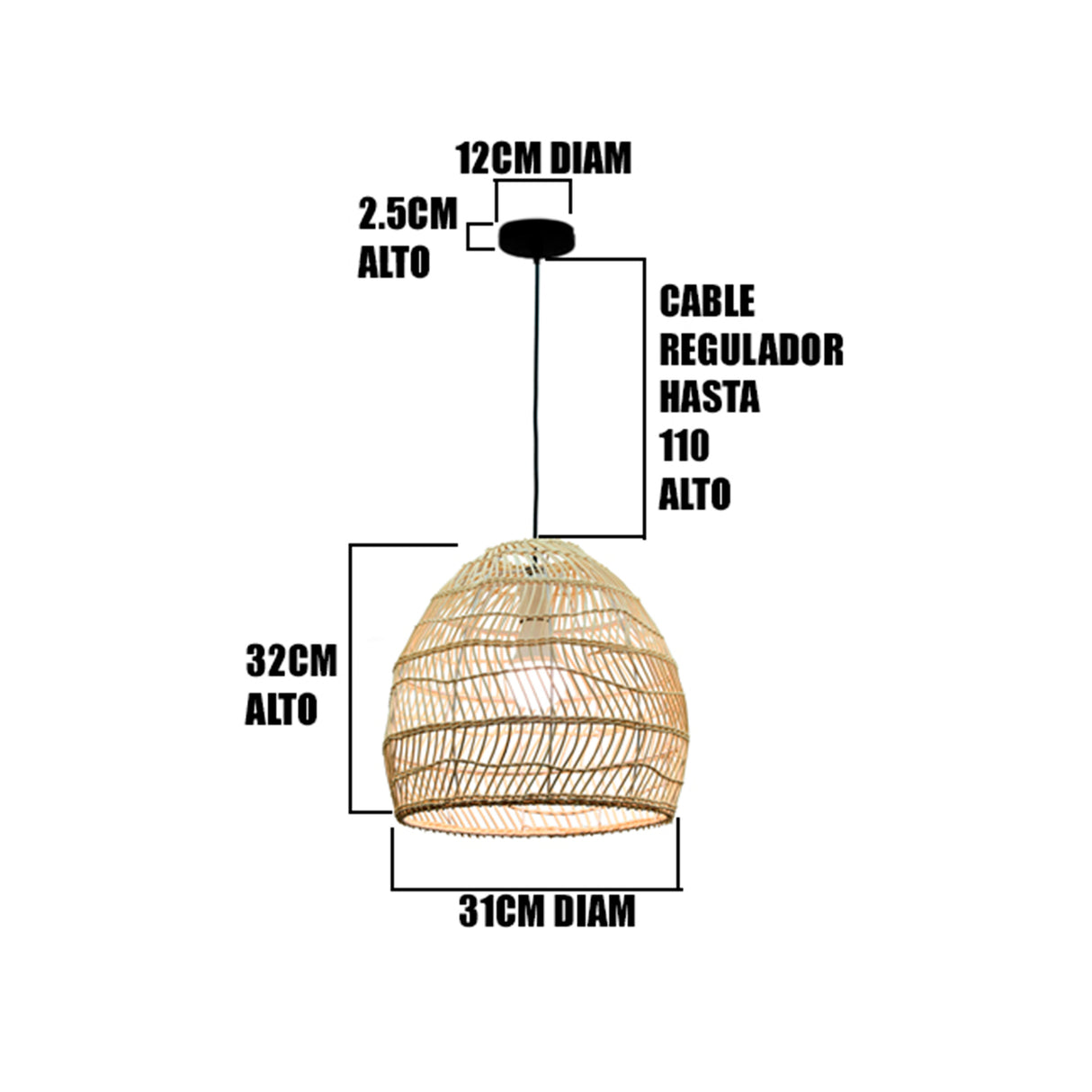 Infografía técnica: 31cm de diámetro, 32cm de alto y cable regulable de 110cm.