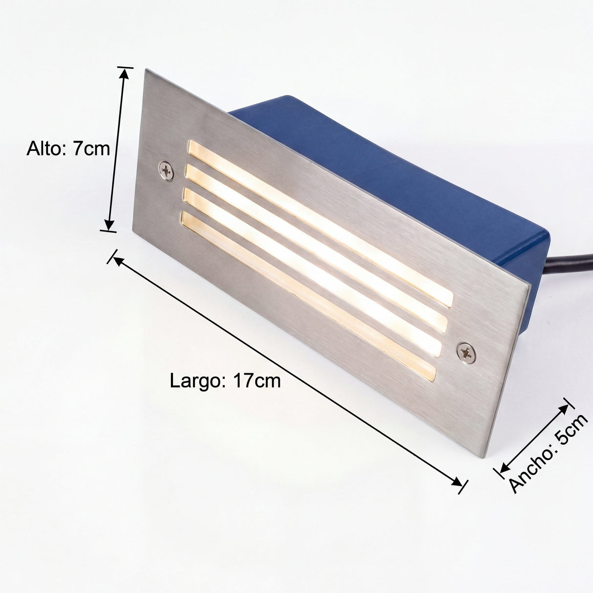 Plano técnico con cotas de profundidad y dimensiones de la luminaria de paso.