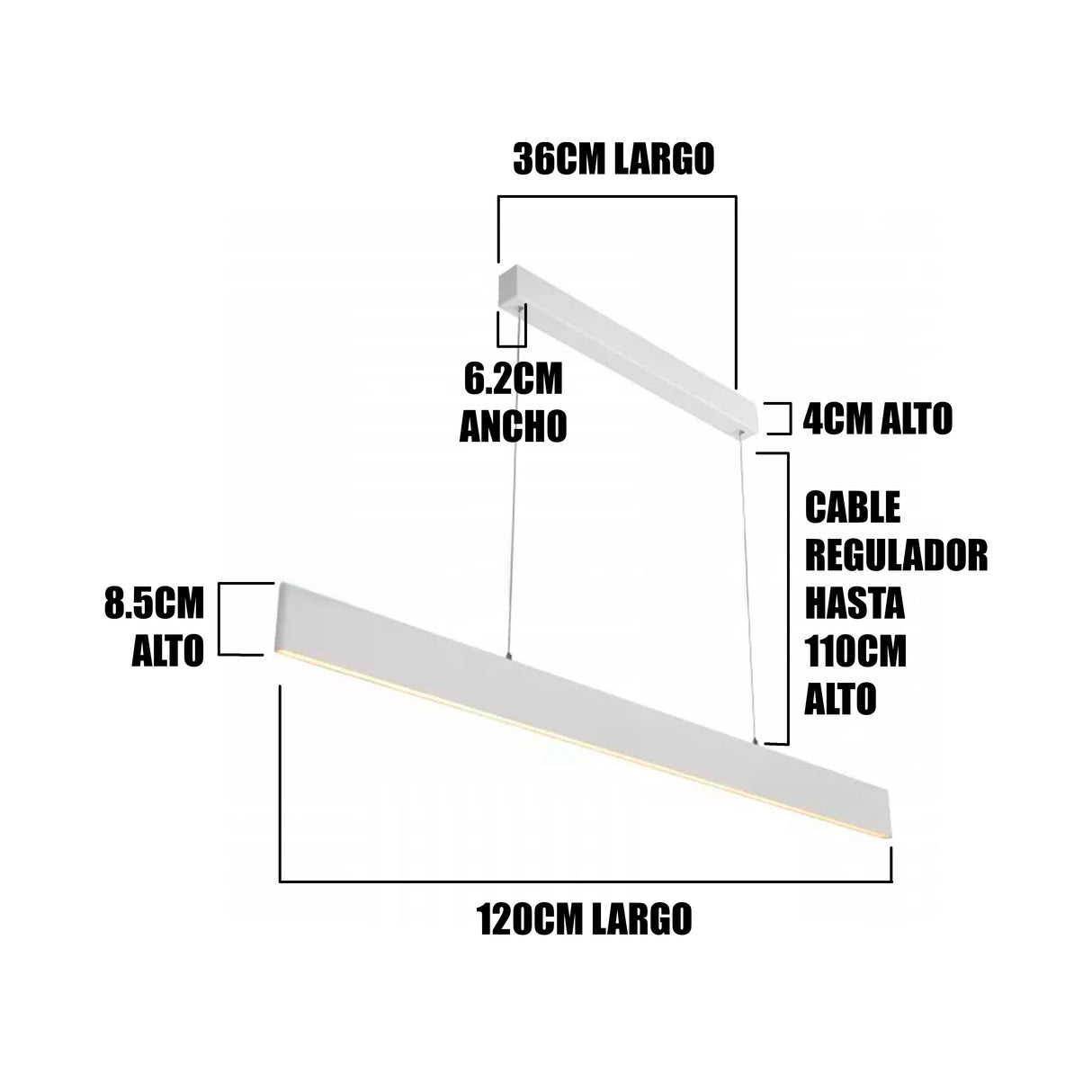 Infografía técnica: longitud de 120cm, ancho de 6.2cm y cable regulable hasta 110cm.