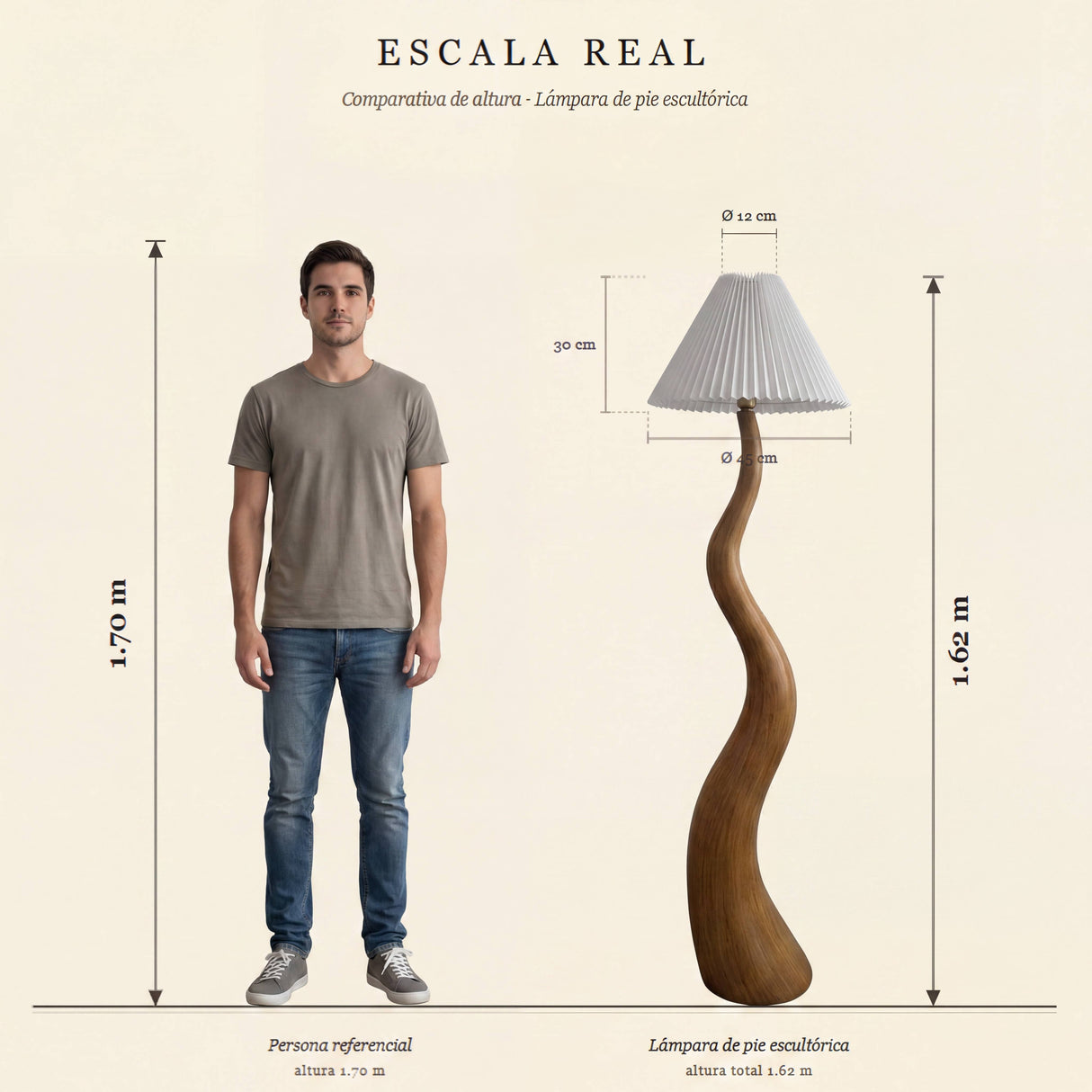 Infografía técnica de proporciones y altura para arquitectura contemporánea de luminaria orgánica exenta de suelo.