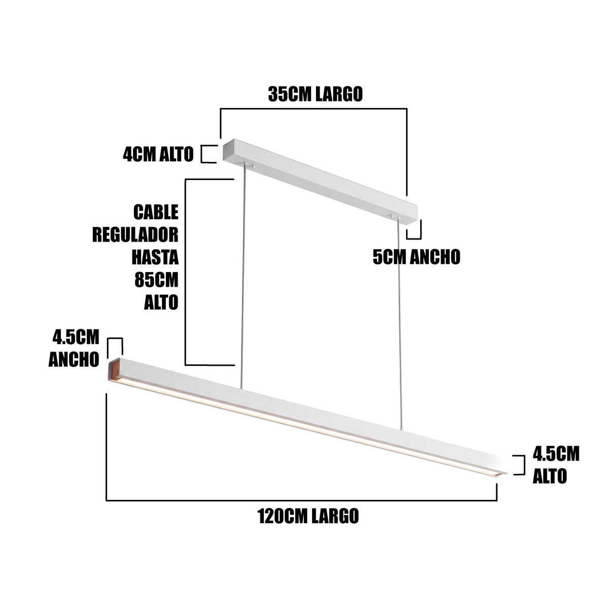Infografía técnica: 120cm de largo, perfil de 4.5cm y cable regulable hasta 110cm.